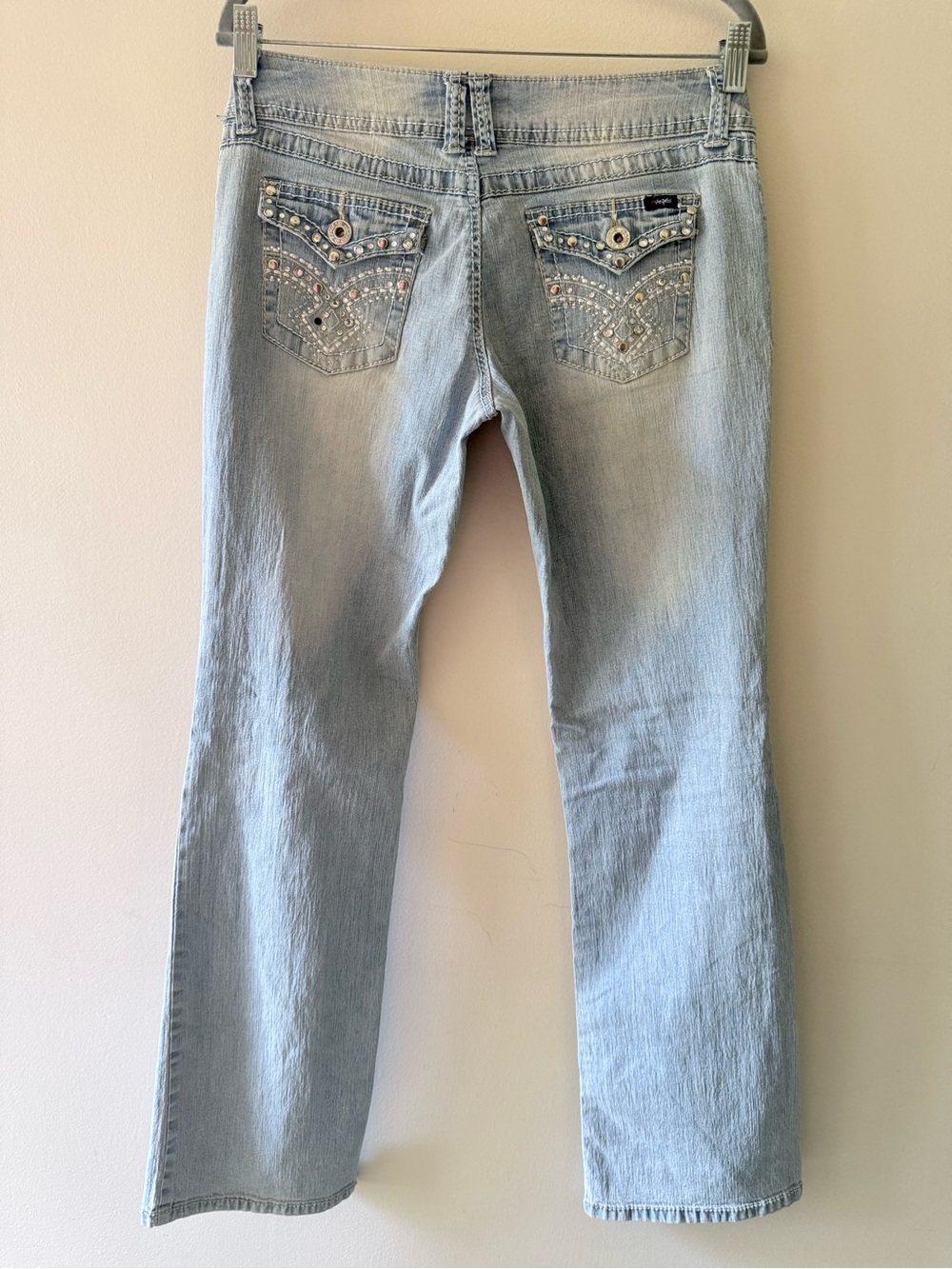 Y2K Angels Jeans Low Rise Flare Gems Studded Bedazzled Pockets Light 11 30” Prep